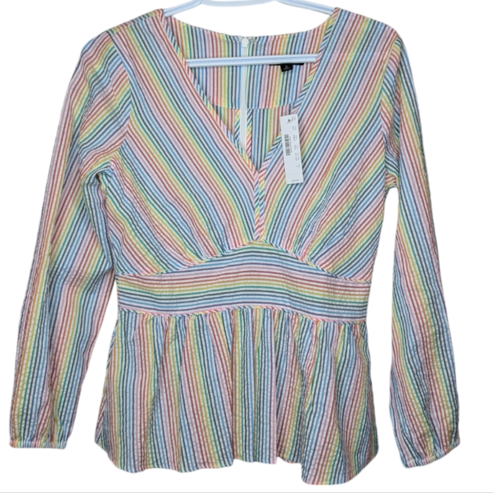 NWT J. Crew V-neck Peplum Top in Rainbow Seersucker Woman's XS